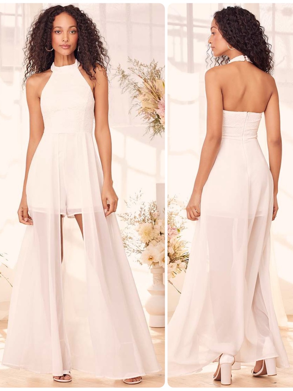 Lulus Love Speaks White Lace Halter Chiffon Maxi Skirt Overlay Romper NWT